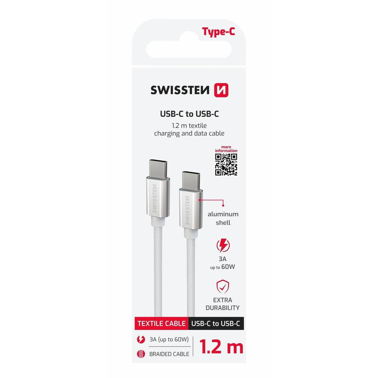 Nabíjecí kabel SWISSTEN USB-C / USB-C 1,2m Stříbrný - příslušenství pro iPhone | KoupitiPhone.cz