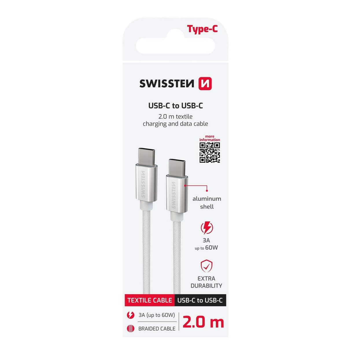 Nabíjecí kabel SWISSTEN USB-C / USB-C 2m Stříbrný